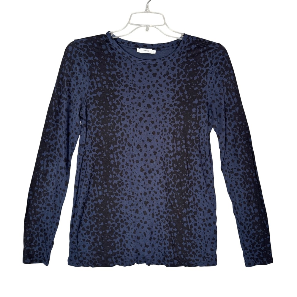Vince Womens Medium M Blue Black Leopard Animal Print Long Sleeve Viscose Top